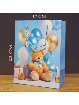 Venüs Shopping Ayıcık Desenli Mavi Küçük Boy Karton Hediye Çantası