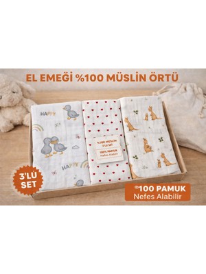 Two Child Çok Amaçlı El Emeği Müslin Örtü 3'lü Set, %100 Pamuk Yenidoğan Bebek Battaniyesi 80*90 Ebat