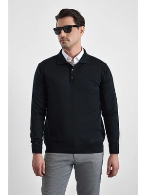 Süvari Siyah Regular Düz Düğmeli Polo Yaka Kazak