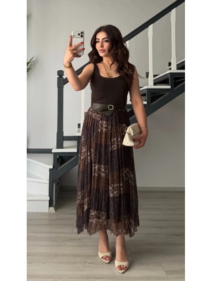 Elisin Acı Kahve Kendinden Kemerli Asimetrik Kesim Etek