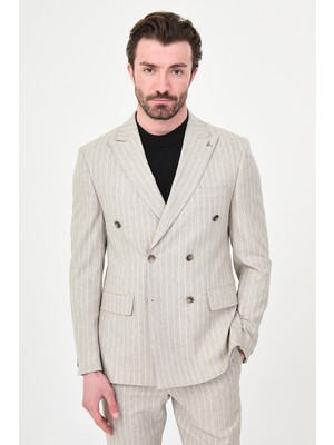 MCR Çizgili Slim Fit Geniş Yaka Kruvaze Erkek Takım Elbise