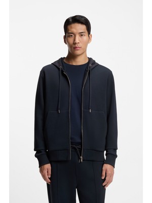 Boss Erkek Normal Kalıp Kapüşonlu Fermuarlı Uzun Kollu Yün Karışımlı Lacivert Sweatshirt 50554191-404