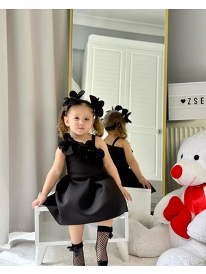 Özşe Moda Siyah Scuba Tek Omuz Çiçekli Elbise
