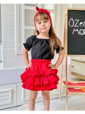 Özşe Moda Fırfırlı Kırmızı Etek Omuz Açık Üst Takım