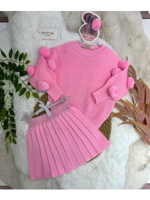 Özşe Moda Pembe Ponpon Kol Kazak Triko Etek Takım