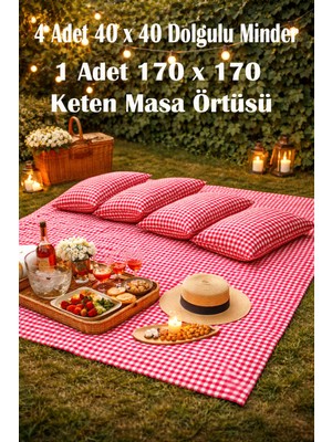 Loş Dükkan Kırmızı Ekose Piknik Örtüsü & 4 Minder Seti | Konforlu Piknik Takımı | Kamp, Bahçe, Plaj Örtüsü | Sıvıgeçirmez