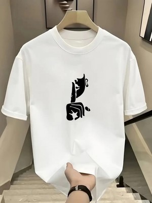 Pileli Store Rahat Bisiklet Yaka Tişört, Yaratıcı Karikatür Baskı Beyaz -