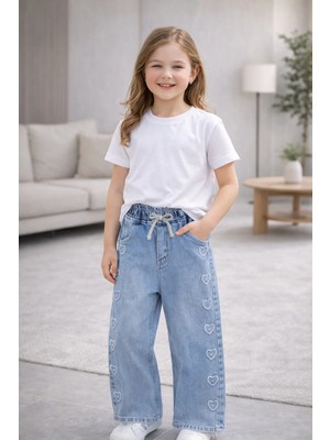 GMG Collection Baby Kız Çocuk Bol Paça Kalp Inci Işlemeli Jeans Kot Pantolon Saçaklı Paça Detaylı (12-15 Yaş Arası)