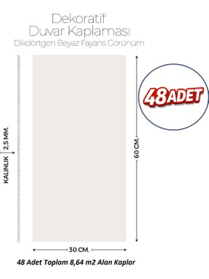 Brano 30X60 cm Kendinden Yapışkanlı Duvar,banyo,tezgah Arası Kırık Beyaz Desen -48 Adet