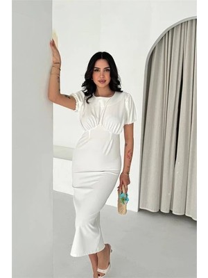Dip Moda Kadın Beyaz Midi Boy Büzgü Detaylı Balon Kol Dar Kesim Elbise DPK4574