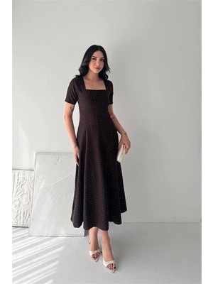 Dip Moda Kadın Kahverengi Taş Detaylı Kare Yaka Midi Boy Kısa Kollu Elbise DPK4605