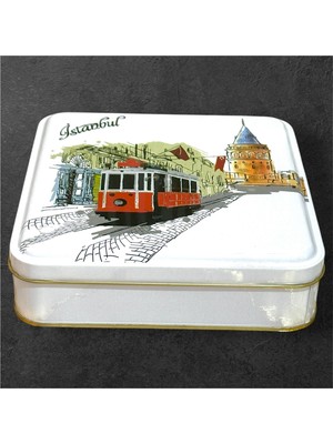 Istanbul Nostaljik Tramvay Temalı Metal Hediyelik Kapaklı Saklama Kutusu