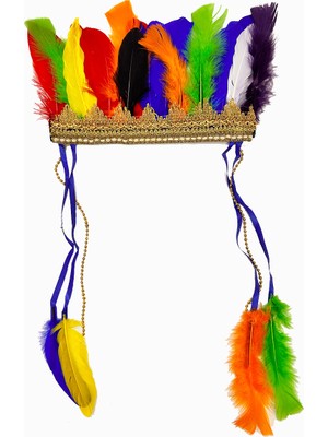 Kont Rengarenk Tüylerle Işlenmiş Lastikli Kızılderili Başlığı