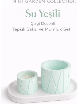 Korixa Korıxa Mini Garden Su Yeşili Saksı ve Mumluk Seti – Tepsili Dekoratif 3’lü Masa Üstü Set (Çizgi Desenli)