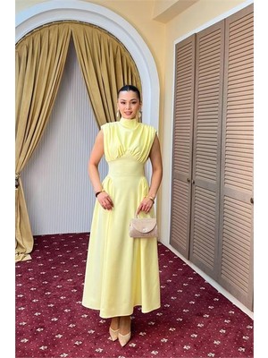Dip Moda Kadın Sarı Drapeli Yüksek Yaka Belden Oturtmalı Midi Boy Şık Elbise DPMY3919