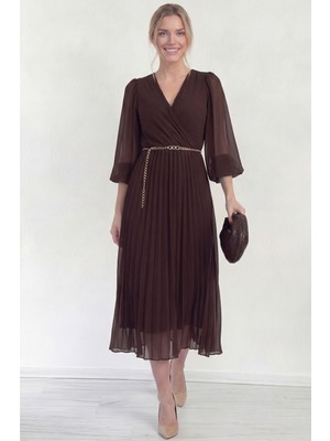 Thezkscom-Kadın Kruvaze Yaka Piliseli Kemerli Midi Boy Elbise Kahverengi, Siyah, Bordo