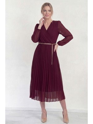 Thezkscom-Kadın Kruvaze Yaka Piliseli Kemerli Midi Boy Elbise Kahverengi, Siyah, Bordo