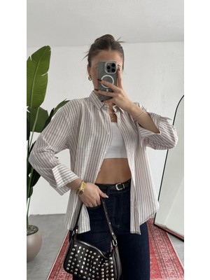 Asfa Moda Kadın Ince Somon Çizgili Oversize Bel Hızası Salaş Kesim Uzun Kollu Ofis Gömlek