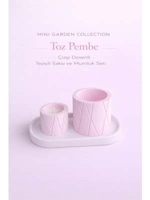Korixa Korıxa Mini Garden Toz Pembe Saksı ve Mumluk Seti – Tepsili Dekoratif 3’lü Masa Üstü Set (Çizgili)