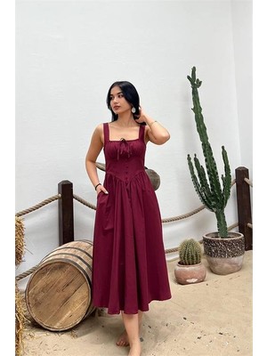 Dip Moda Kadın Bordo Kalın Askılı Kare Yaka Düğme Detaylı Midi Boy Elbise DPMY3913
