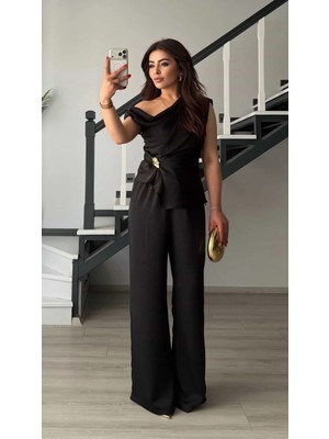 Elisin Siyah Gold Toka Detaylı Saten Bluz-Pantolon Takım