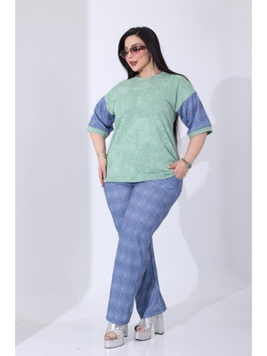Kadın Büyük Beden Jean Görünümlü Likralı Pantolon ve Taşlı Batik Bluz Gömlek Yakalı Trend 2"li Takım