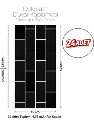 Brano 30X60 cm Kendinden Yapışkanlı Duvar,banyo,tezgah Arası Siyah Tuğla Desenli -24 Adet