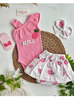 Özşe Moda Pembe Ananas Fırfır Şort Ikili Takım