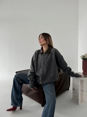 Pileli Store Deri Yakalı Pamuk Dokulu Çift Taraflı Çalışan Fermuar Ceket - Füme -