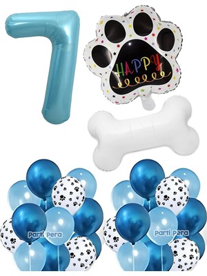 Parti Pera Kedi Köpek Doğum Günü Balon Seti Kemik Pati Folyo Balon Mavi Rakam Folyo Balon