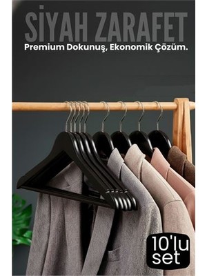 Marsilyan 10'lu Lüks Siyah Elbise Ceket Askısı - Ergonomik & Kaymaz Plastik Askı Seti -  Ahşap Görünüm