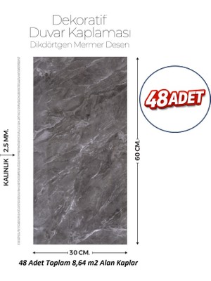 Brano 30X60 cm Kendinden Yapışkanlı Duvar,banyo,tezgah Arası Antrasit Mermer Desen -48 Adet