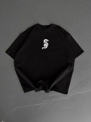 Pileli Store Baskılı Oversize Bisiklet Yaka T-Shirt - Siyah -