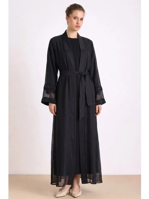 Olcay Kolları Taş Detaylı Organze Abaya Takım Siyah 9449-TK