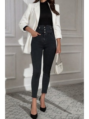 Amorluxe Kadın Yüksek Bel Önden Düğmeli Cepli Dar Kesim Detaylı Kot Pantolon