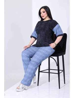 Kadın Büyük Beden Jean Görünümlü Likralı Pantolon ve Taşlı Batik Bluz Gömlek Yakalı Trend 2"li Takım