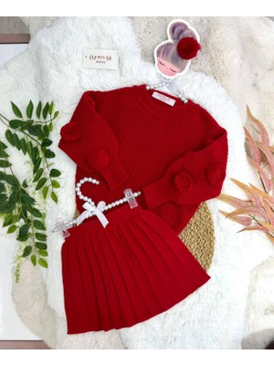 Özşe Moda Kırmızı Ponpon Kol Kazak Triko Etek Takım