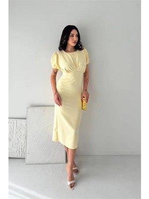 Dip Moda Kadın Sarı Midi Boy Büzgü Detaylı Balon Kol Dar Kesim Elbise DPK4574