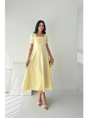 Dip Moda Kadın Sarı Taş Detaylı Kare Yaka Midi Boy Kısa Kollu Elbise DPK4605