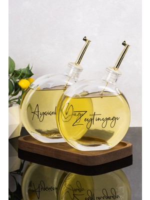 Dolkin Home 2li 500 ml Yağdanlık Ahşap Stantlı Gold Kapak Yuvarlak Cam Yağlık Zeytinyağı Ayçiçek Yağı Sosluk