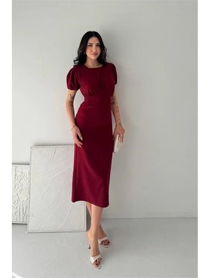 Dip Moda Kadın Bordo Midi Boy Büzgü Detaylı Balon Kol Dar Kesim Elbise DPK4574