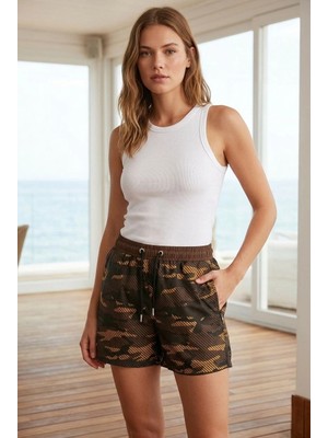 Tarz Yeri Kadın Deniz Şortu Fermuarlı Cepli File Astarlı Hızlı Kuruyan Premium - Kahverengi