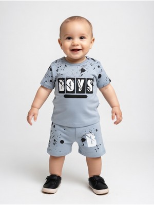 Minitix Erkek Bebek Şortlu Mavi Takım – Baskılı Kısa Kollu Tişört & Şort 0-3 Yaş Yazlık Pamuklu Takım