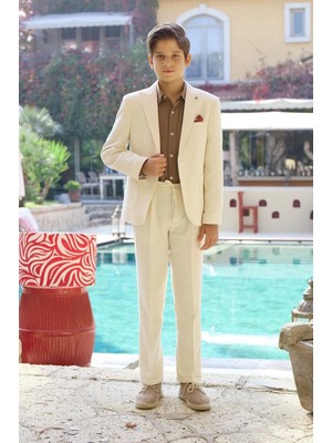 Erkek Çocuk Keten Takım Elbise Krem  Ceket Pantolon Müslin Gömlek Yazlık Şık Kombin 8-14 Yaş