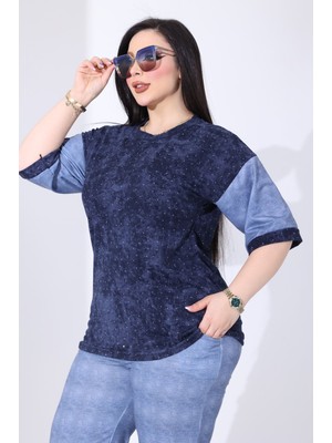 Kadın Büyük Beden Jean Görünümlü Likralı Pantolon ve Taşlı Batik Bluz Gömlek Yakalı Trend 2"li Takım