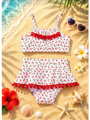 Kız Çocuk Kiraz Desenli Bikini Takımı – Fırfırlı Etekli Mayo Alt Üst Set