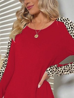 Amorluxe Kadın Uzun Kollu Bisiklet Yaka Kollar Leopar Detay Iki Iplik Mini Boy Elbise