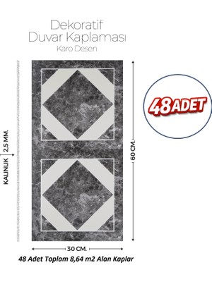 Brano 30X60 cm Kendinden Yapışkanlı Duvar,banyo,tezgah Arası Karo Desen-48 Adet