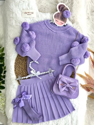 Özşe Moda Lila Çantalı Ponpon Kol Kazak Triko Etek Takım