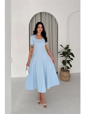 Dip Moda Kadın Bebe Mavi Taş Detaylı Kare Yaka Midi Boy Kısa Kollu Elbise DPK4605